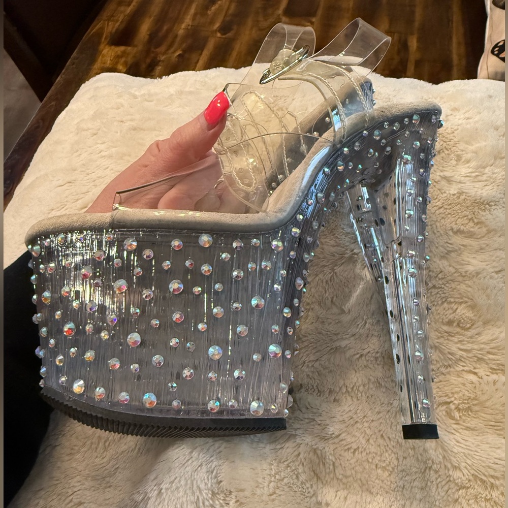 🔥 NWOT Pleaser Stardance Heels sz 7 Clear with Rhinestones! Sparkles Barbie✨ - Picture 4 of 11